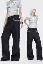 Pleated Embroidered Straight Jeans
