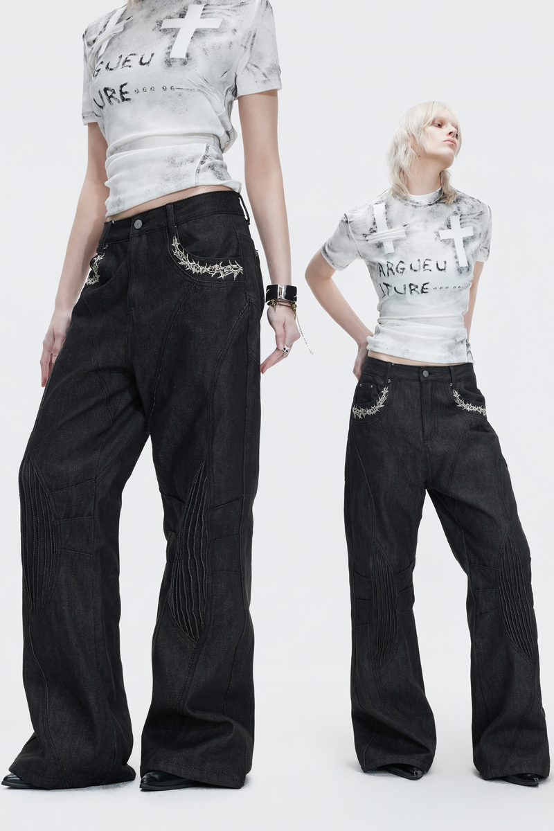 Pleated Embroidered Straight Jeans