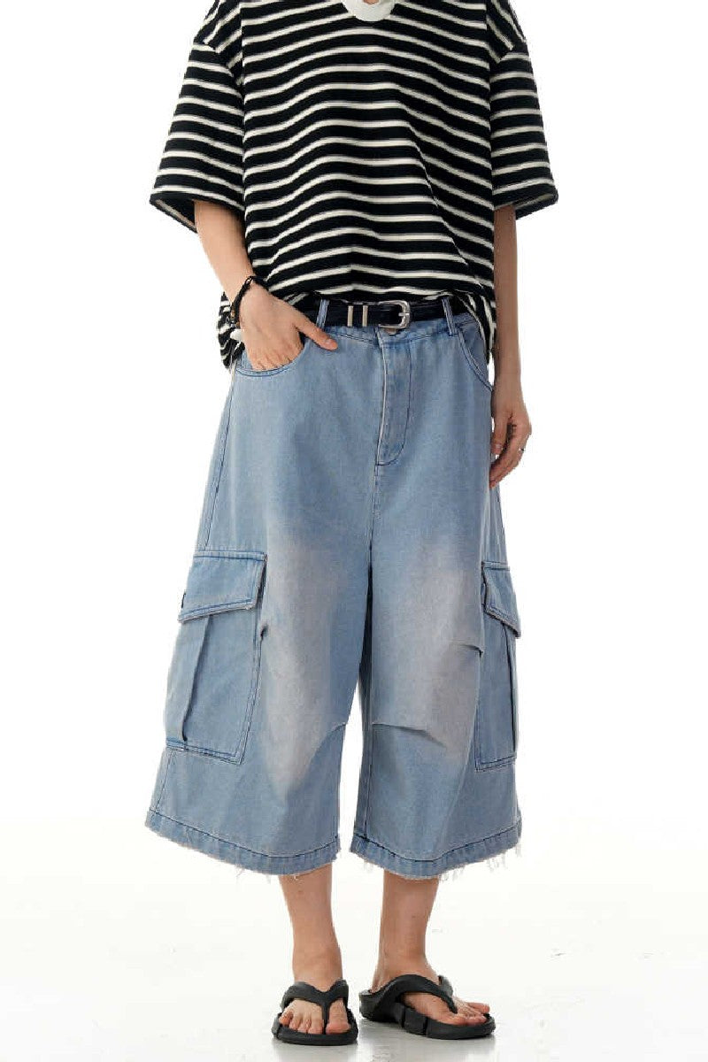 Wrinkled Blue Cargo Jorts