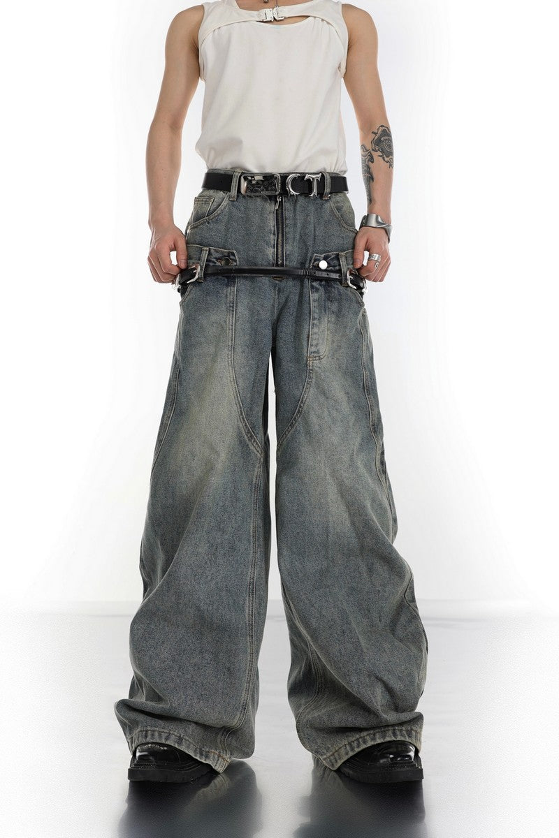 Retro Washed Double Belt Jeans