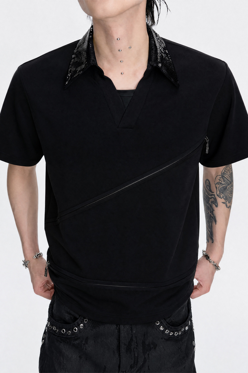 Sequin Zip Polo Shirt
