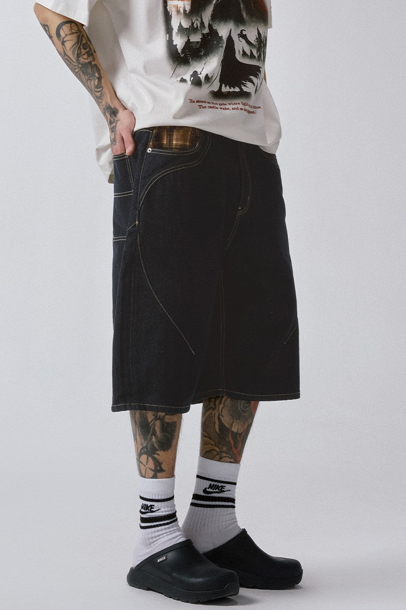Plaid Patchwork Denim Shorts