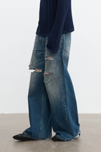 Slashed Distressed Straight Jeans