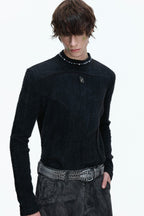 Fleece Pearl Trim Mock Neck Tee