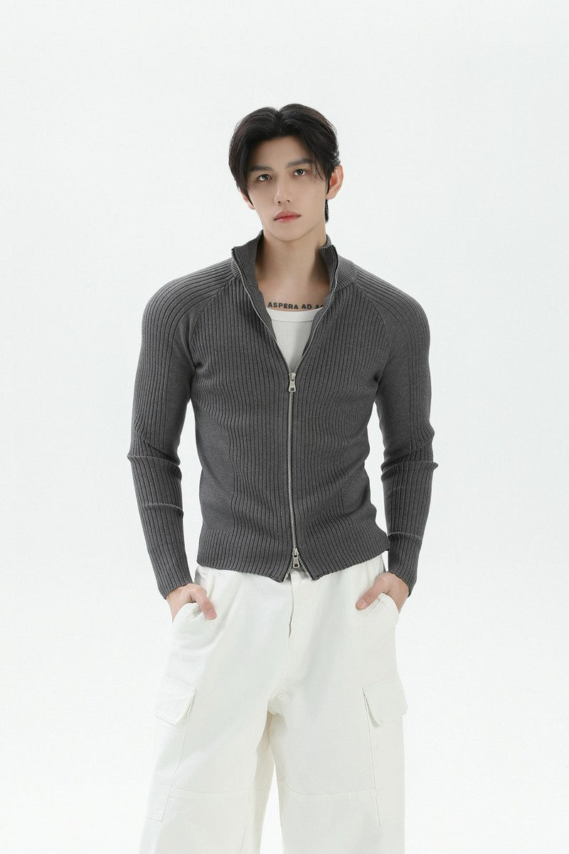 Fitted Ribbed Knit Zip Cardigan