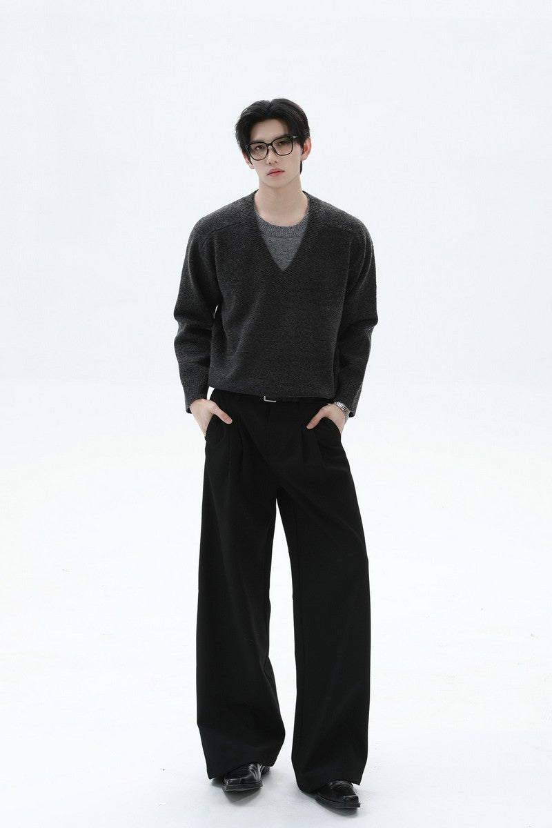 Layered Look V-Neck Wool Sweater