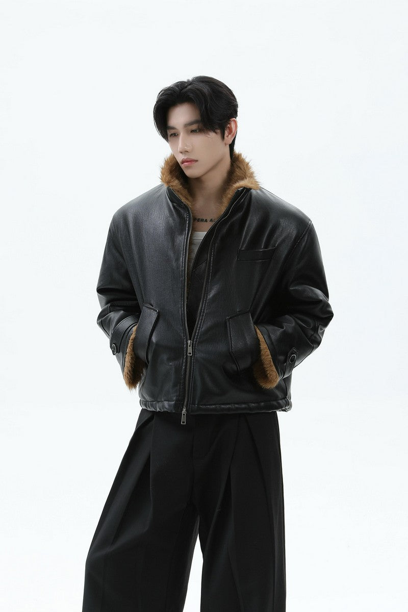 Faux Leather Fur Collar Puffer