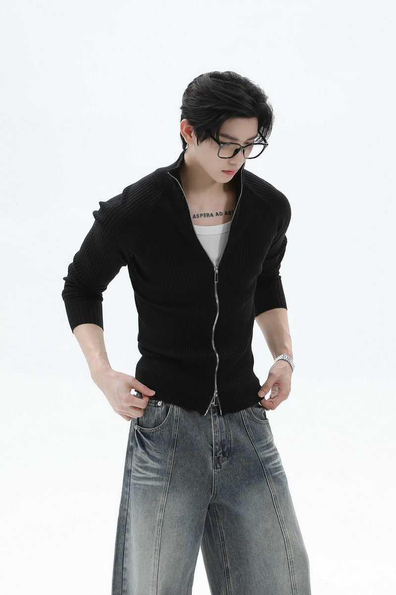 Fitted Ribbed Knit Zip Cardigan
