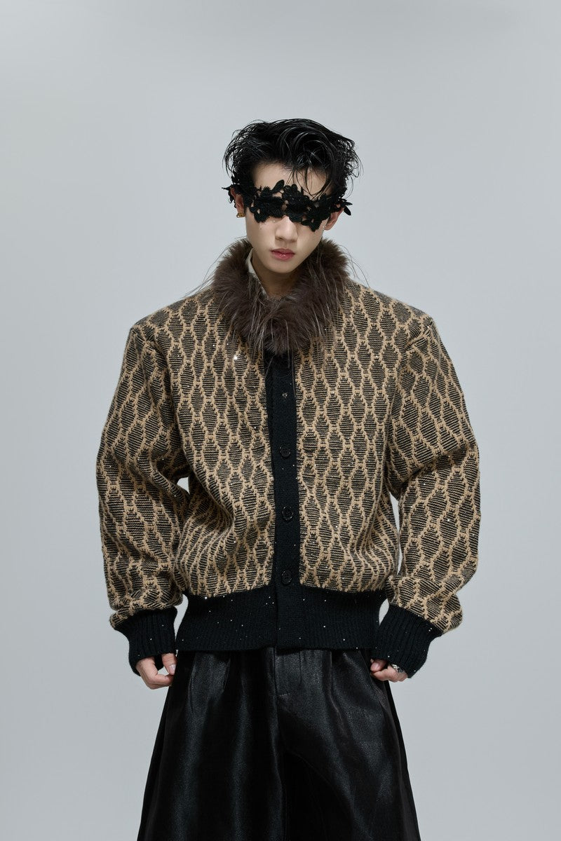 Sequin Knit Cardigan with Fur Collar - EU Only