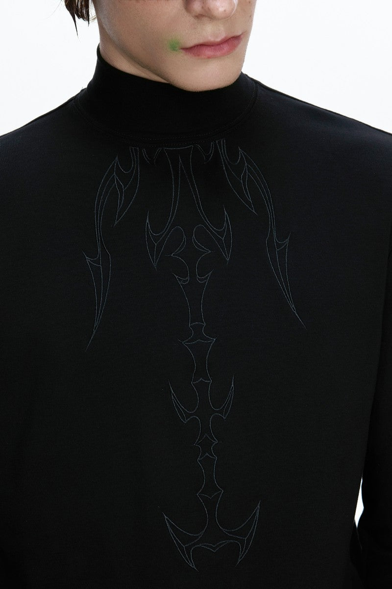 Embroidered Spine Mock Neck Tee
