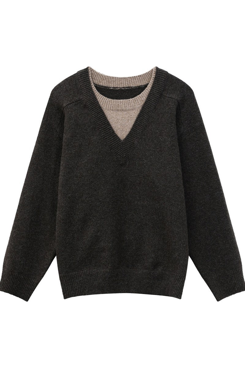 Layered Look V-Neck Wool Sweater