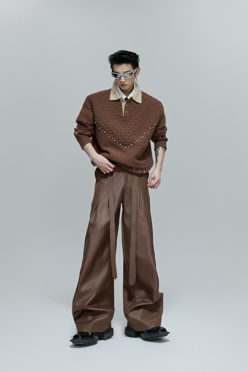 Glossy Pleated Straight Leg Trousers - EU Only