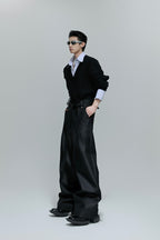 Glossy Pleated Straight Leg Trousers - EU Only