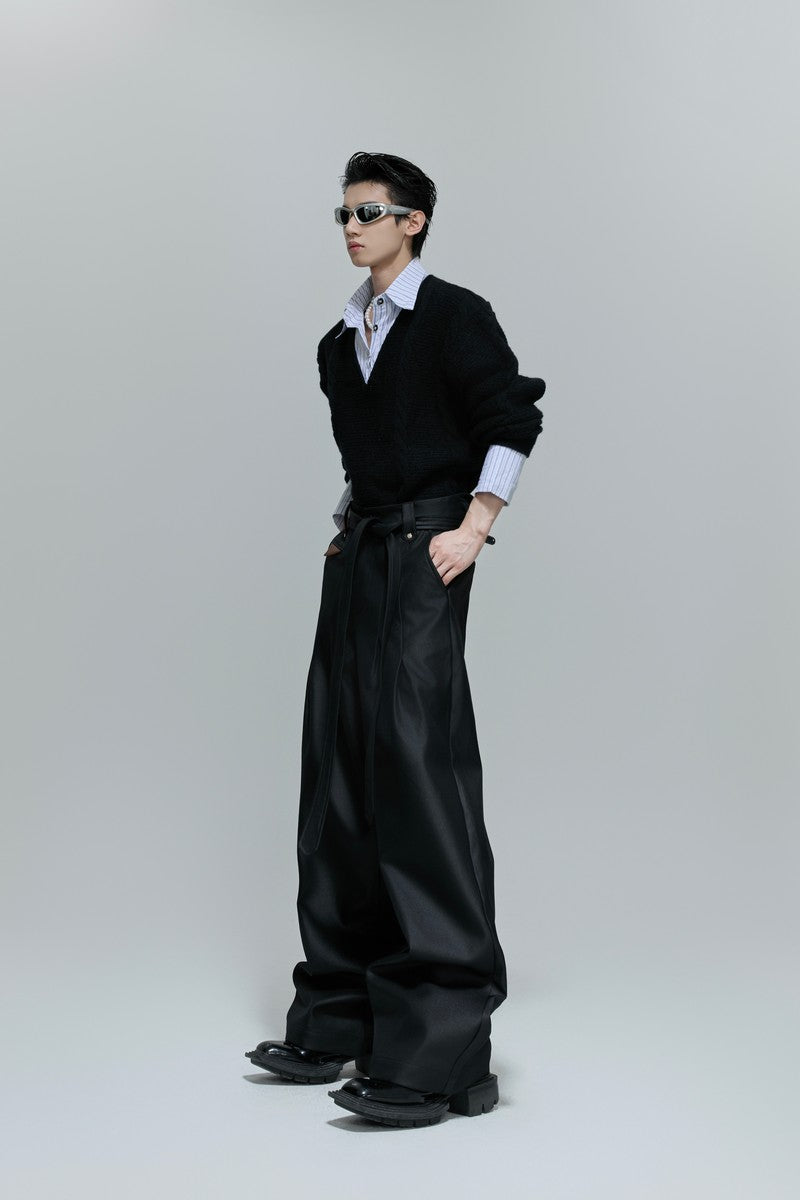 Glossy Pleated Straight Leg Trousers - EU Only