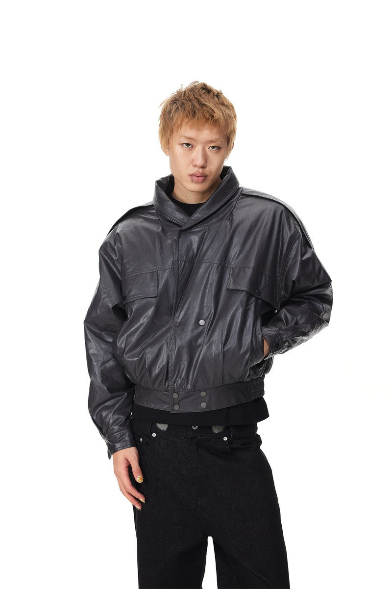 Layered Collar Faux Leather Jacket