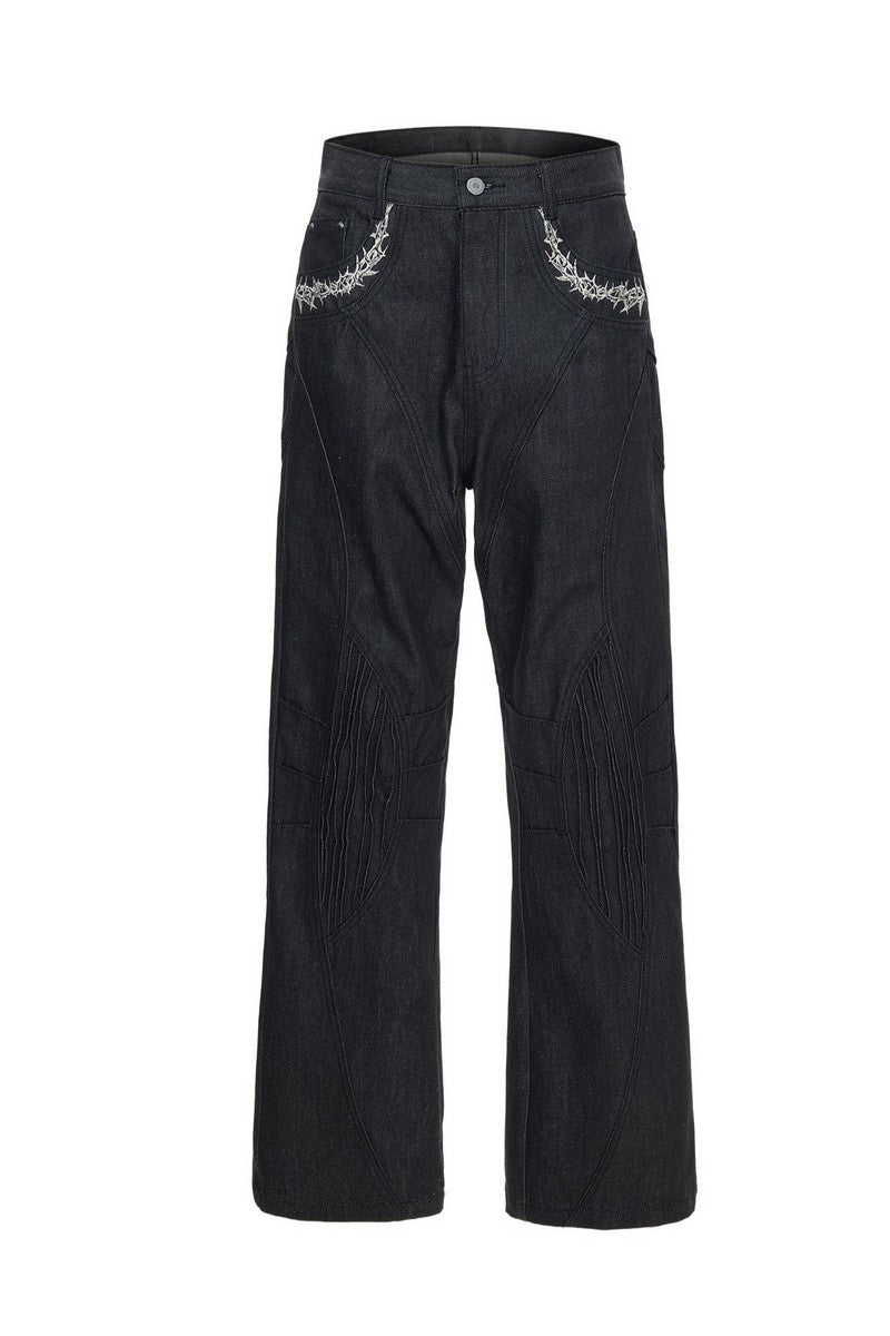 Embroidered Flared Raw Jeans
