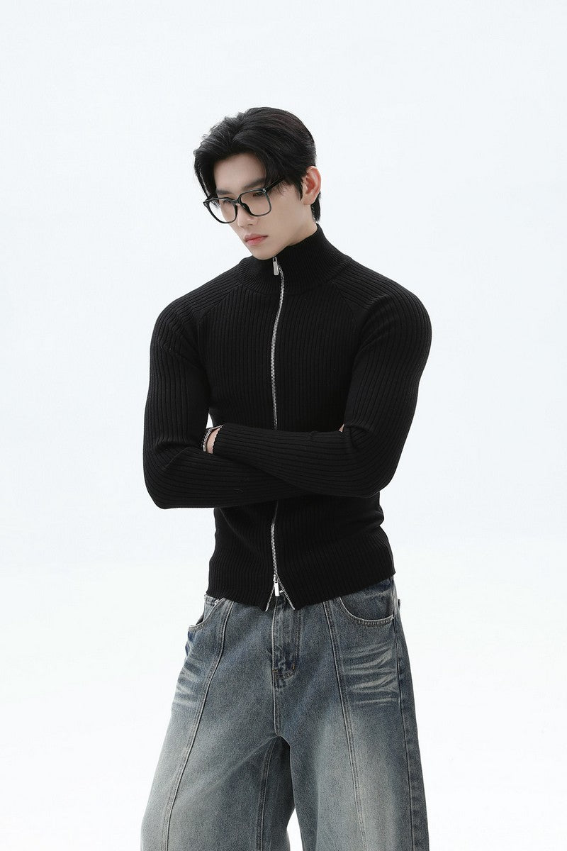 Fitted Ribbed Knit Zip Cardigan