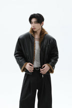 Faux Leather Fur Collar Puffer