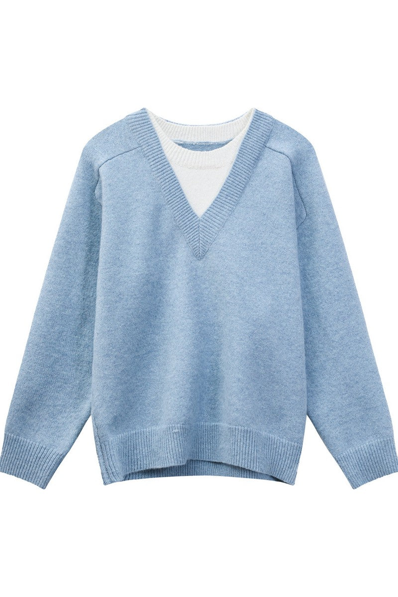 Layered Look V-Neck Wool Sweater