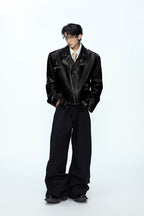 Pin Detail Geisha Print Leather Jacket