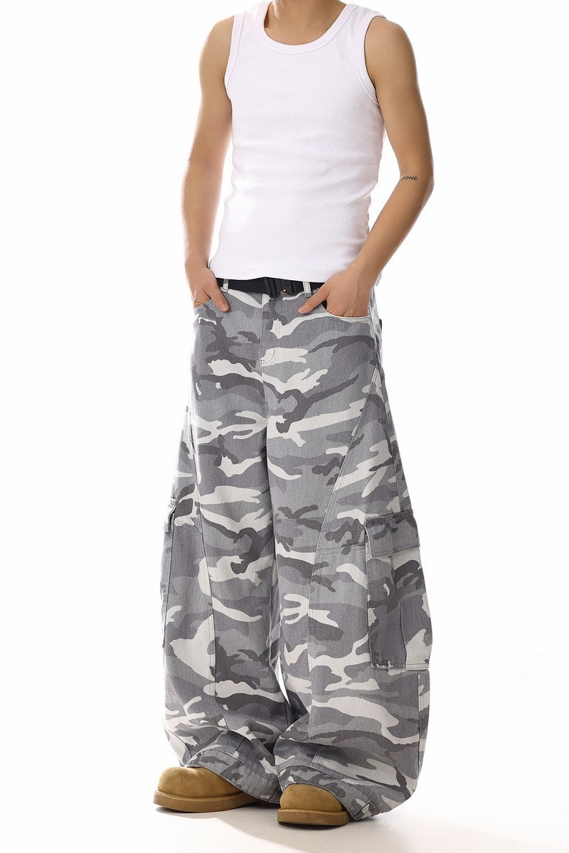 Grey Camo Wide Cargo Pants