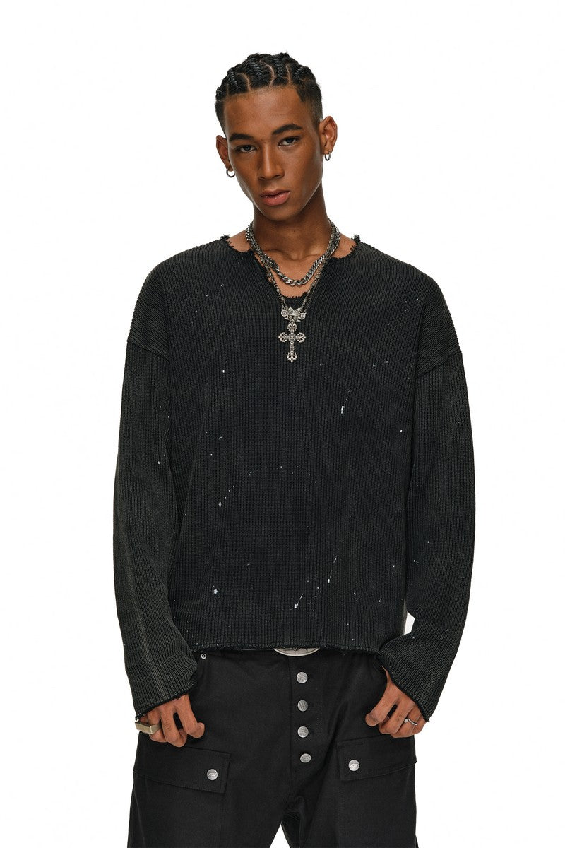 Distressed Paint V-Neck Sweater