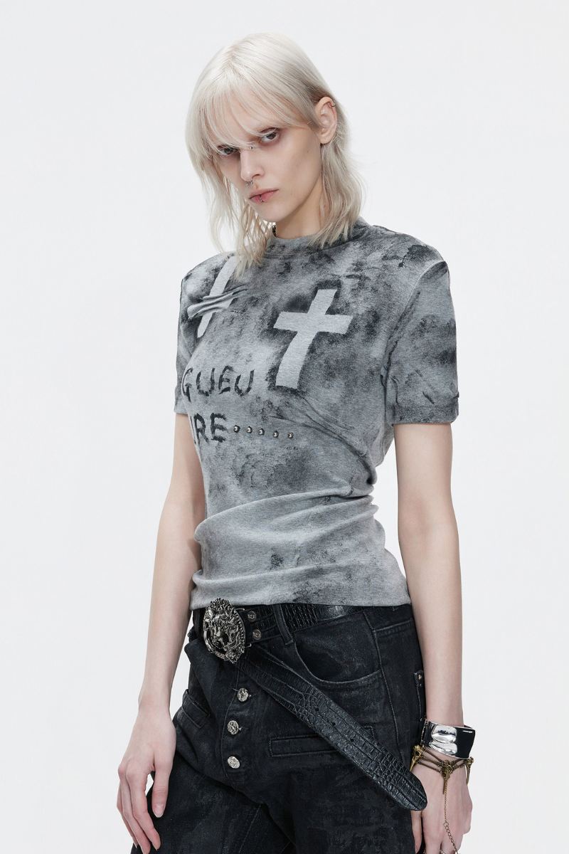 Distressed Cross Studded T-Shirt