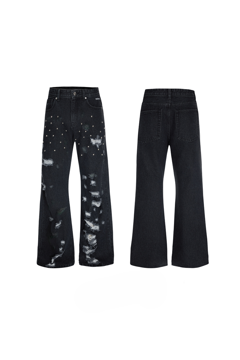 Distressed Studded Straight Jeans