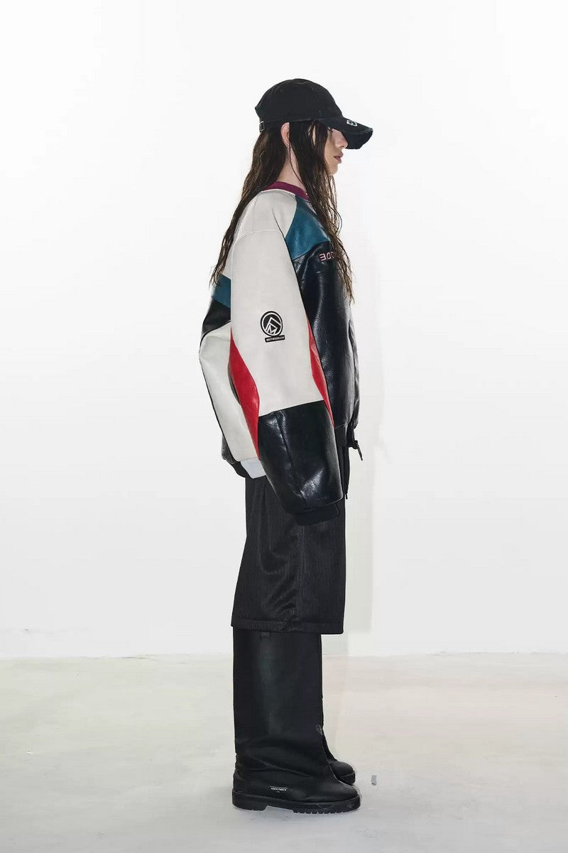 Colorblock Embroidered Biker Jacket - EU Only