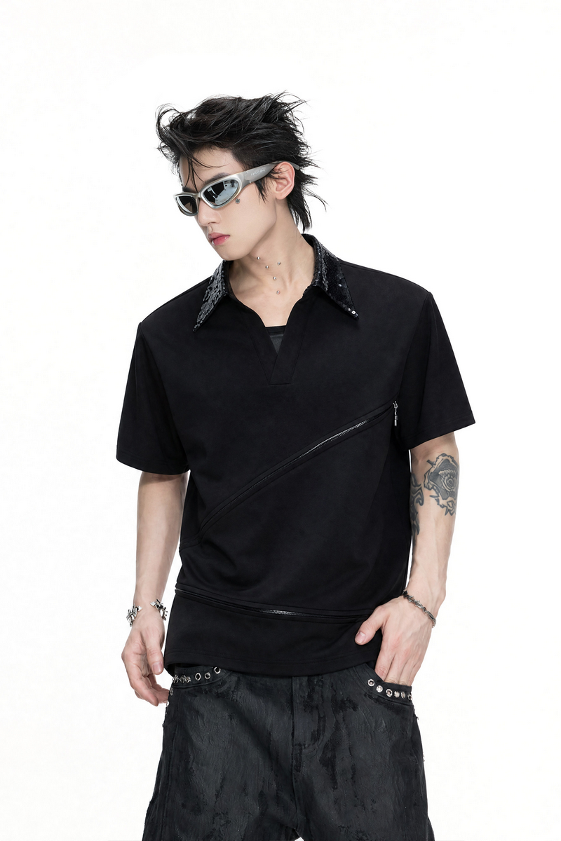 Sequin Zip Polo Shirt