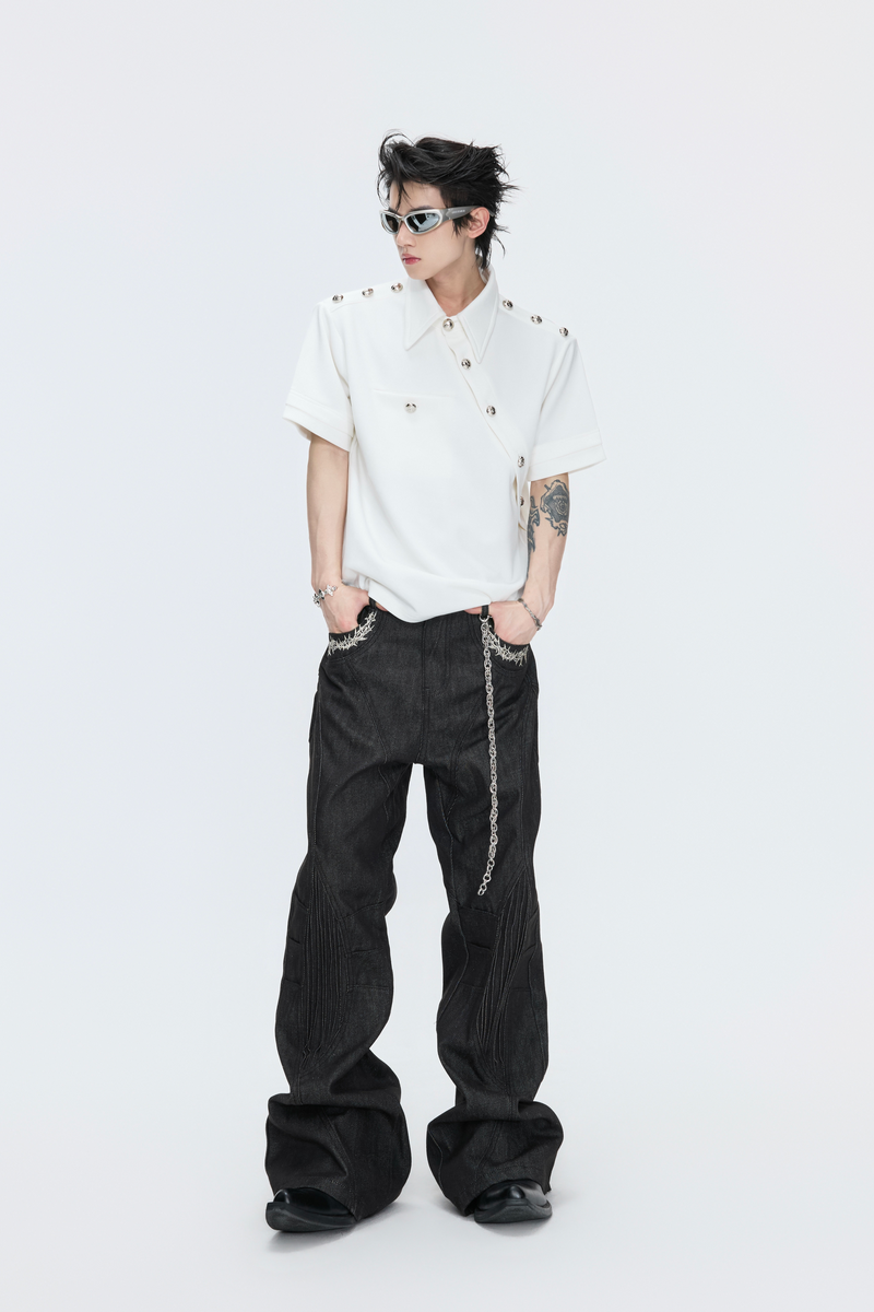 Pleated Embroidered Straight Jeans