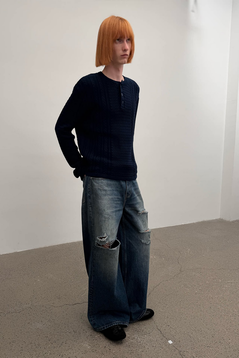 Slashed Distressed Straight Jeans