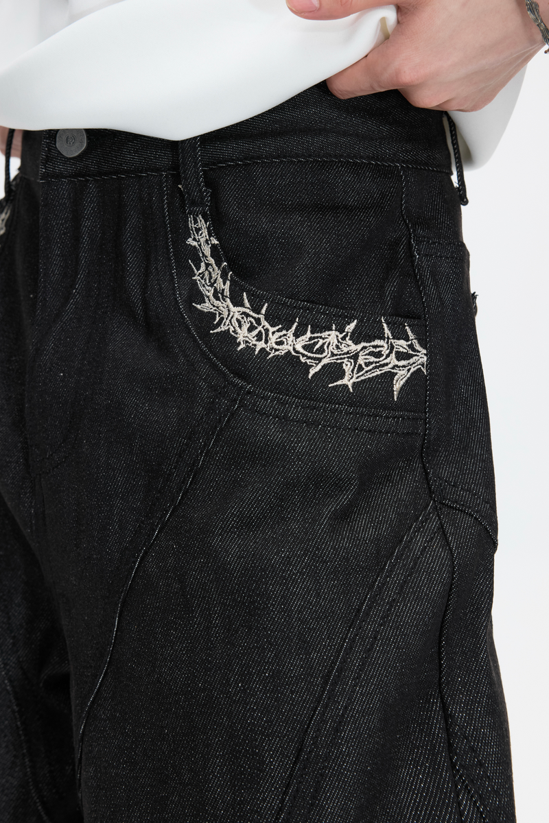 Pleated Embroidered Straight Jeans
