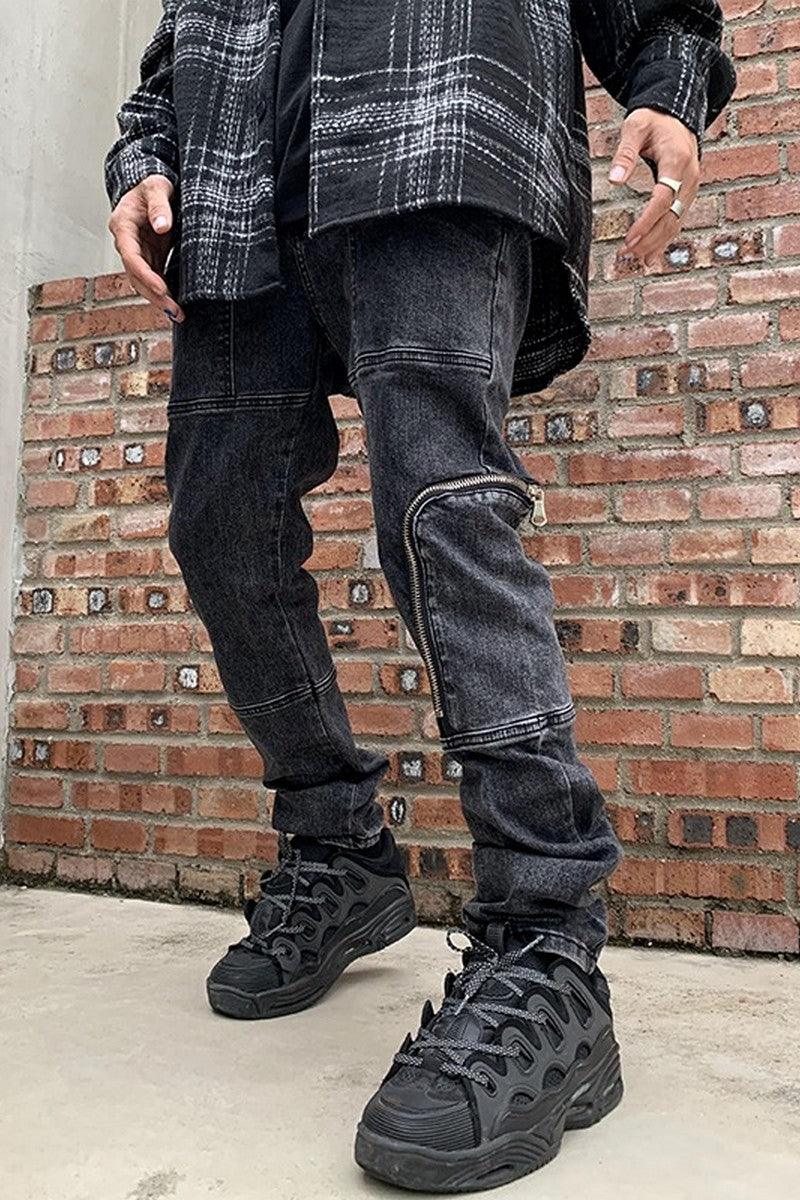 CZ Zipper Pockets Washed Jeans