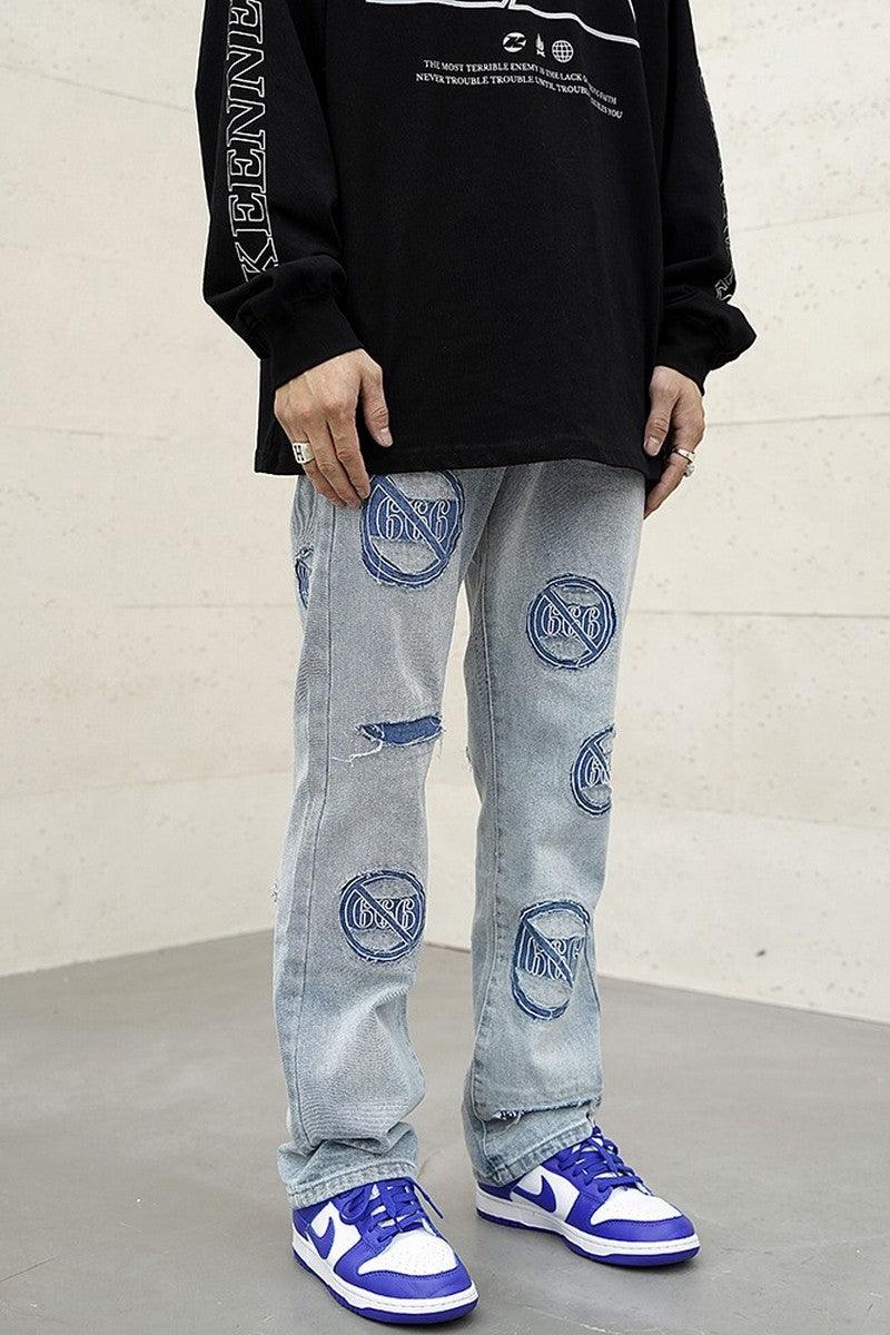 CZ Distressed Embroidered Flared Jeans