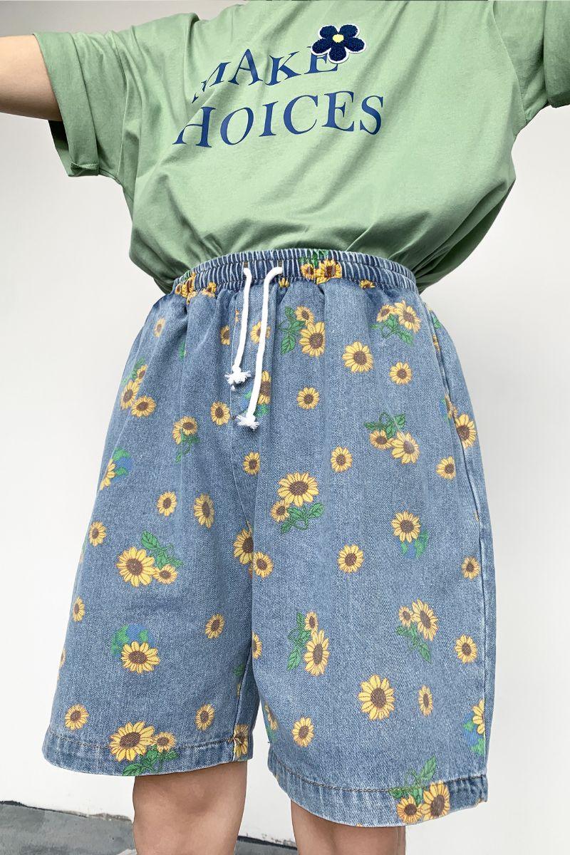 CZ Sunflower Printed Jeans Shorts