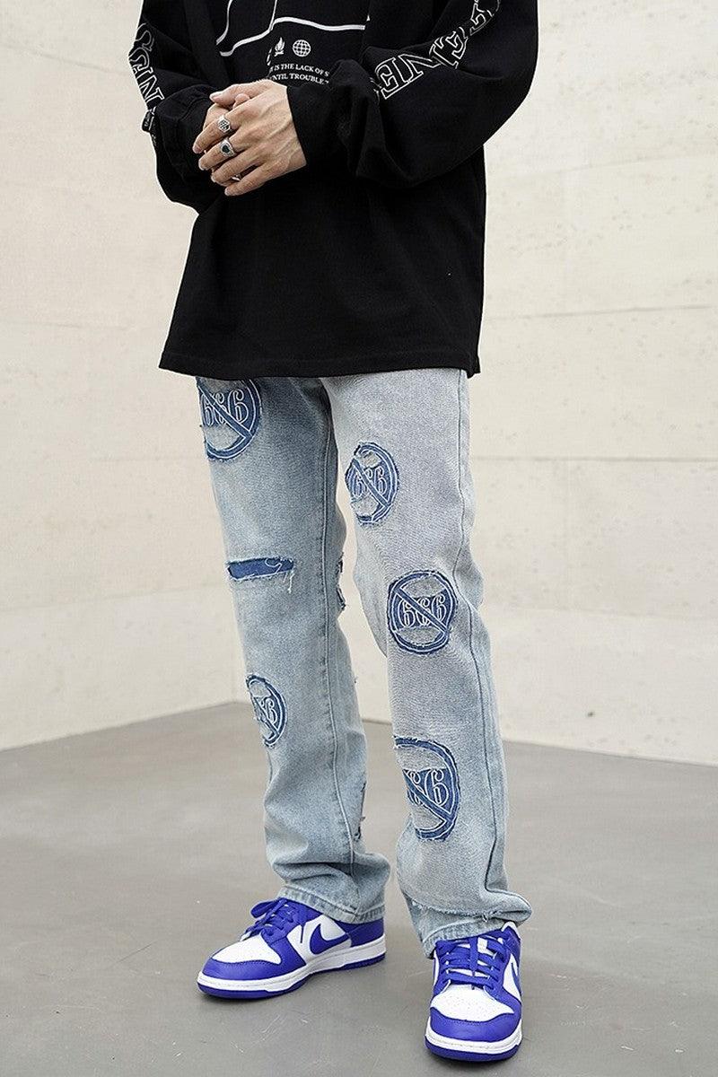 CZ Distressed Embroidered Flared Jeans