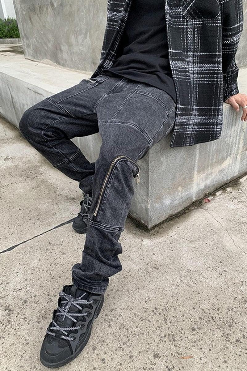 CZ Zipper Pockets Washed Jeans