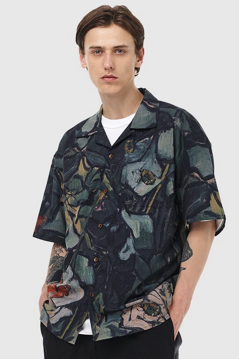OO Oil Painting Flower Cuban Shirt
