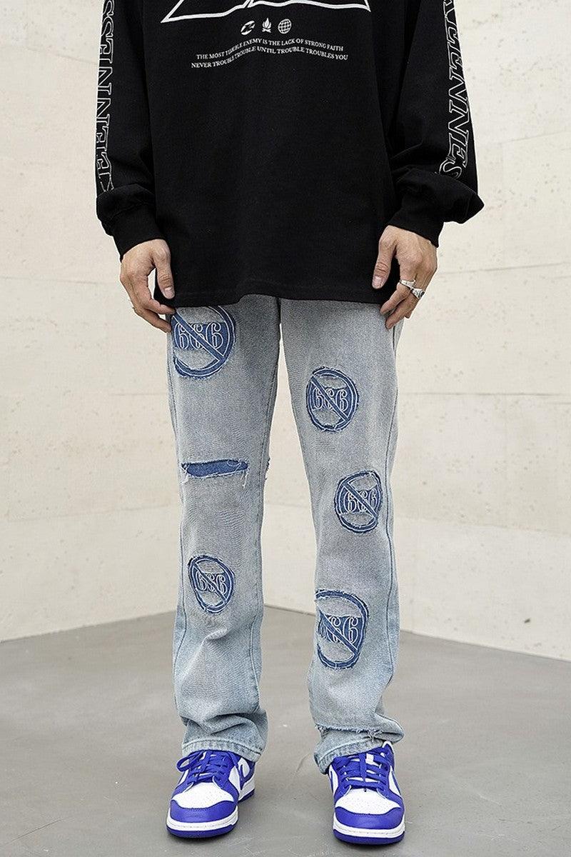 CZ Distressed Embroidered Flared Jeans
