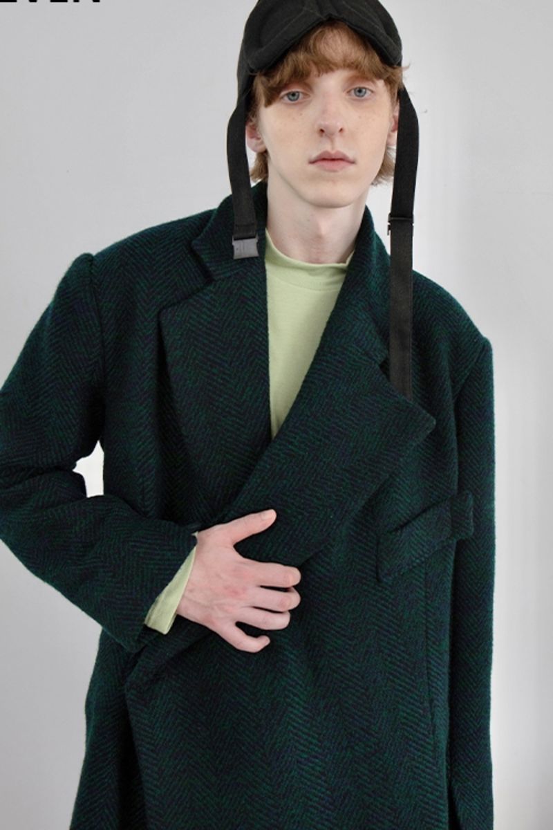 Mix7 Herringbone Asymmetrical Woolen Coat